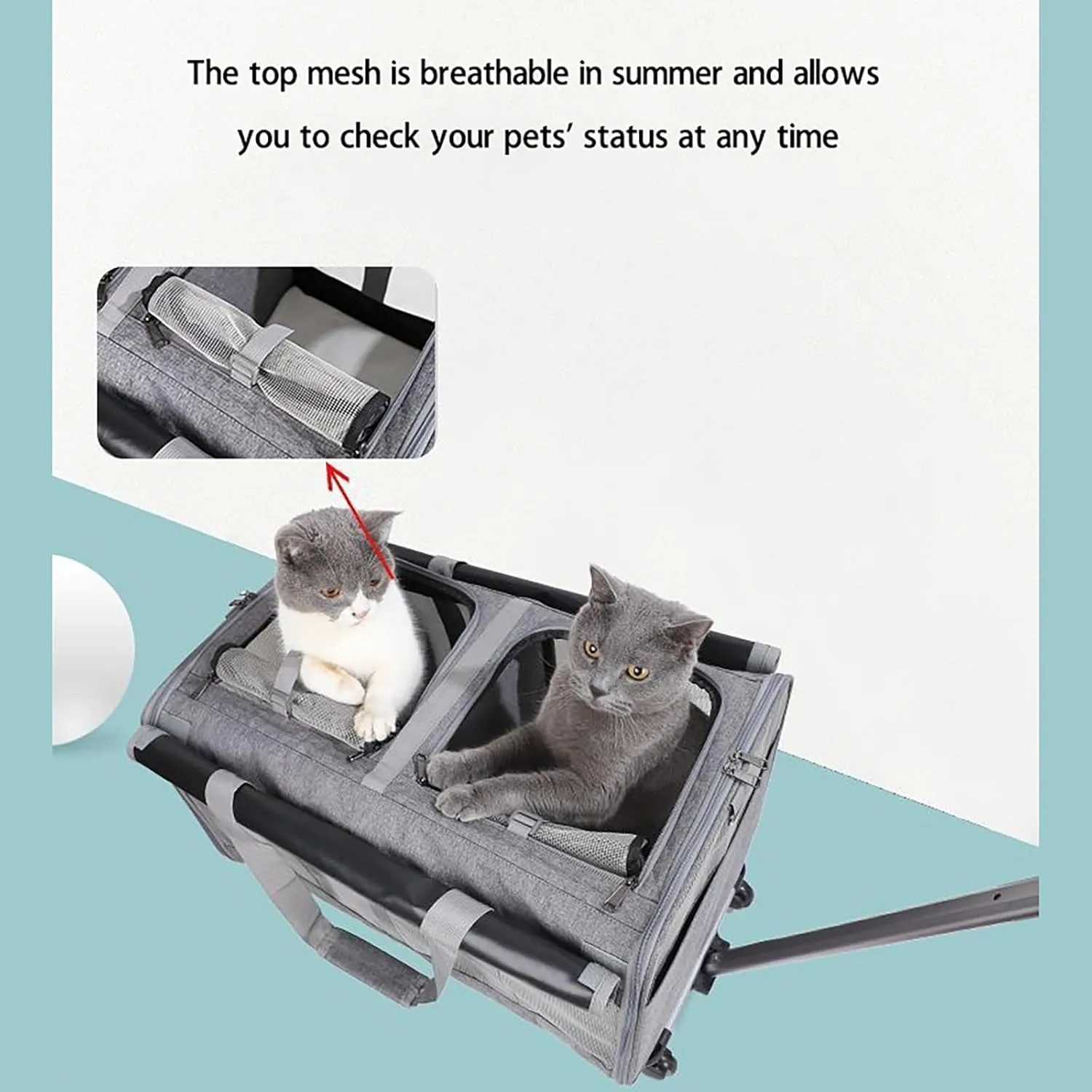Extra Large Cat Bag Soft Side Wheeled Folding Small and Medium Dog Pet Bag, Two Spaces， with Wheels, Adjustable Dividers and Telescopic Handle, Suitable for Large Cats or Two Kittens (Black)