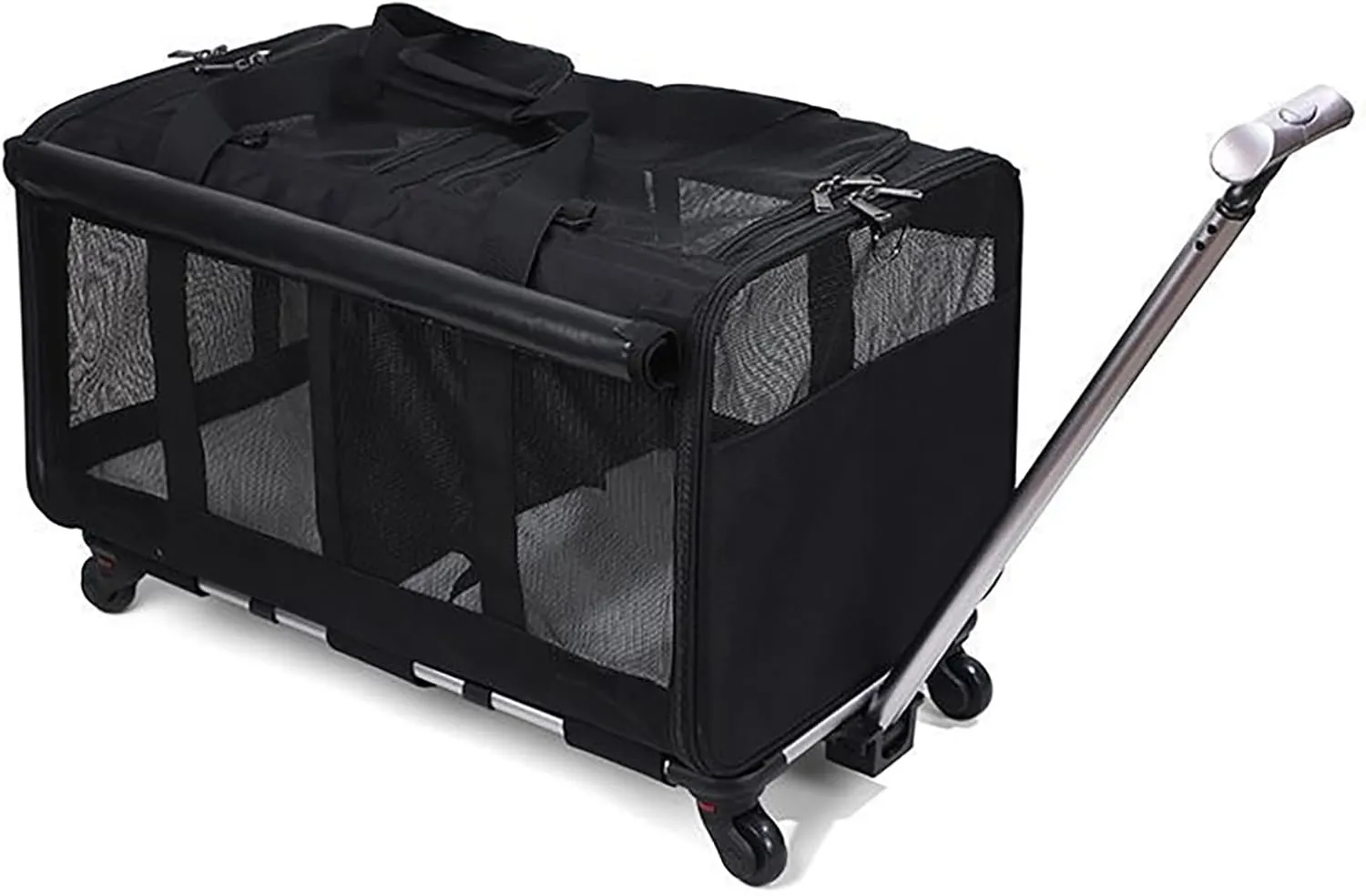 Extra Large Cat Bag Soft Side Wheeled Folding Small and Medium Dog Pet Bag, Two Spaces， with Wheels, Adjustable Dividers and Telescopic Handle, Suitable for Large Cats or Two Kittens (Black)