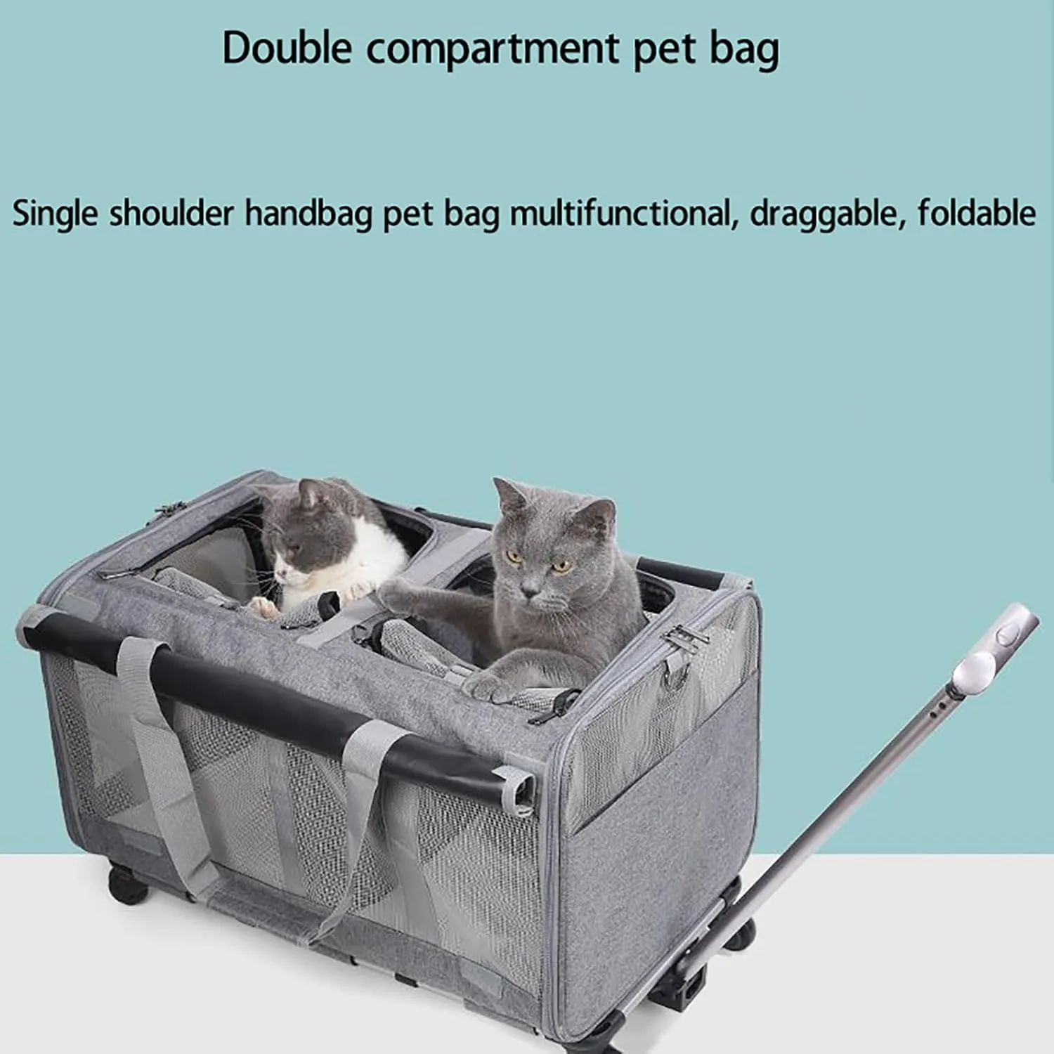 Extra Large Cat Bag Soft Side Wheeled Folding Small and Medium Dog Pet Bag, Two Spaces， with Wheels, Adjustable Dividers and Telescopic Handle, Suitable for Large Cats or Two Kittens (Black)