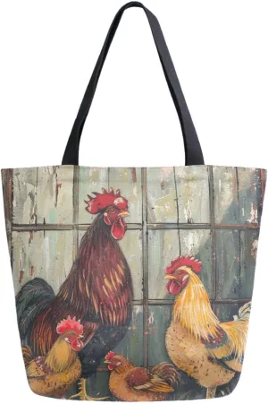 Extra Large Shoulder Grocery Tote Bag, Farm Rural Rooster Hen Family Canvas Durable Daily Handle Bag for Gym Weekender Picnic Yoga Beach Travel Kitchen Market Shopping