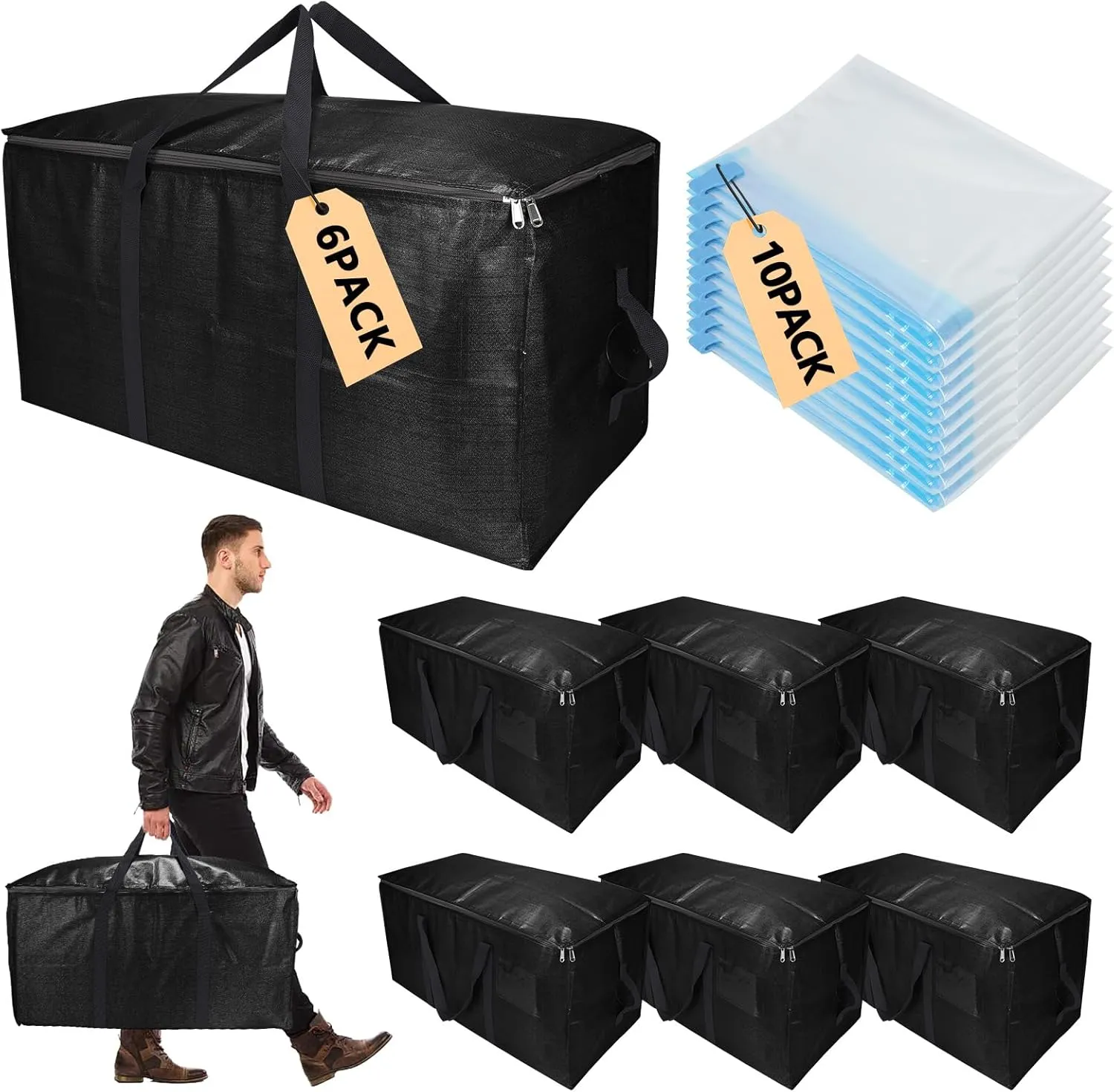 Extra Large Storage Bags Set Heavy Duty Moving Totes, Waterproof Dual-Way Carrying Design with Handles & Zippers for Effortless Moving, (Black, 16 Park-6 Moving bag & 10 Vacuum Seal Bags)