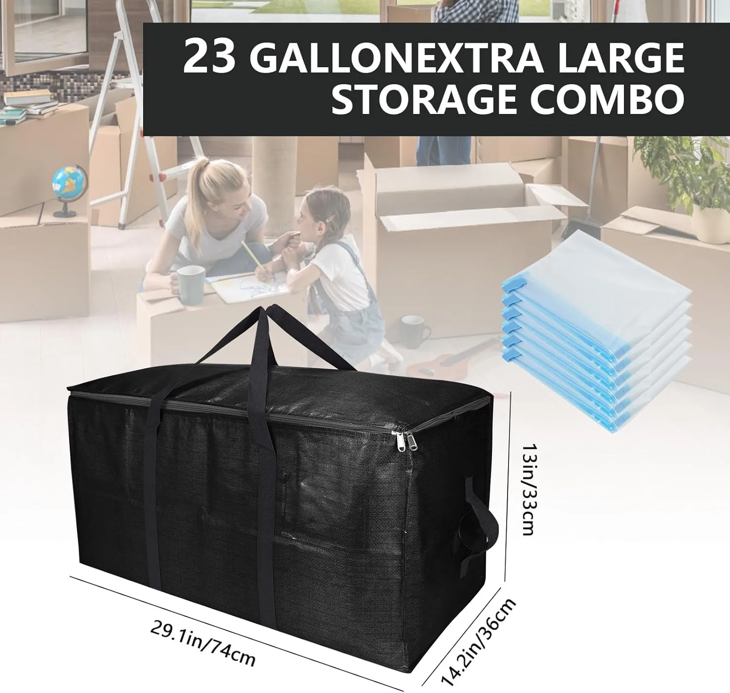 Extra Large Storage Bags Set Heavy Duty Moving Totes, Waterproof Dual-Way Carrying Design with Handles & Zippers for Effortless Moving, (Black, 16 Park-6 Moving bag & 10 Vacuum Seal Bags)