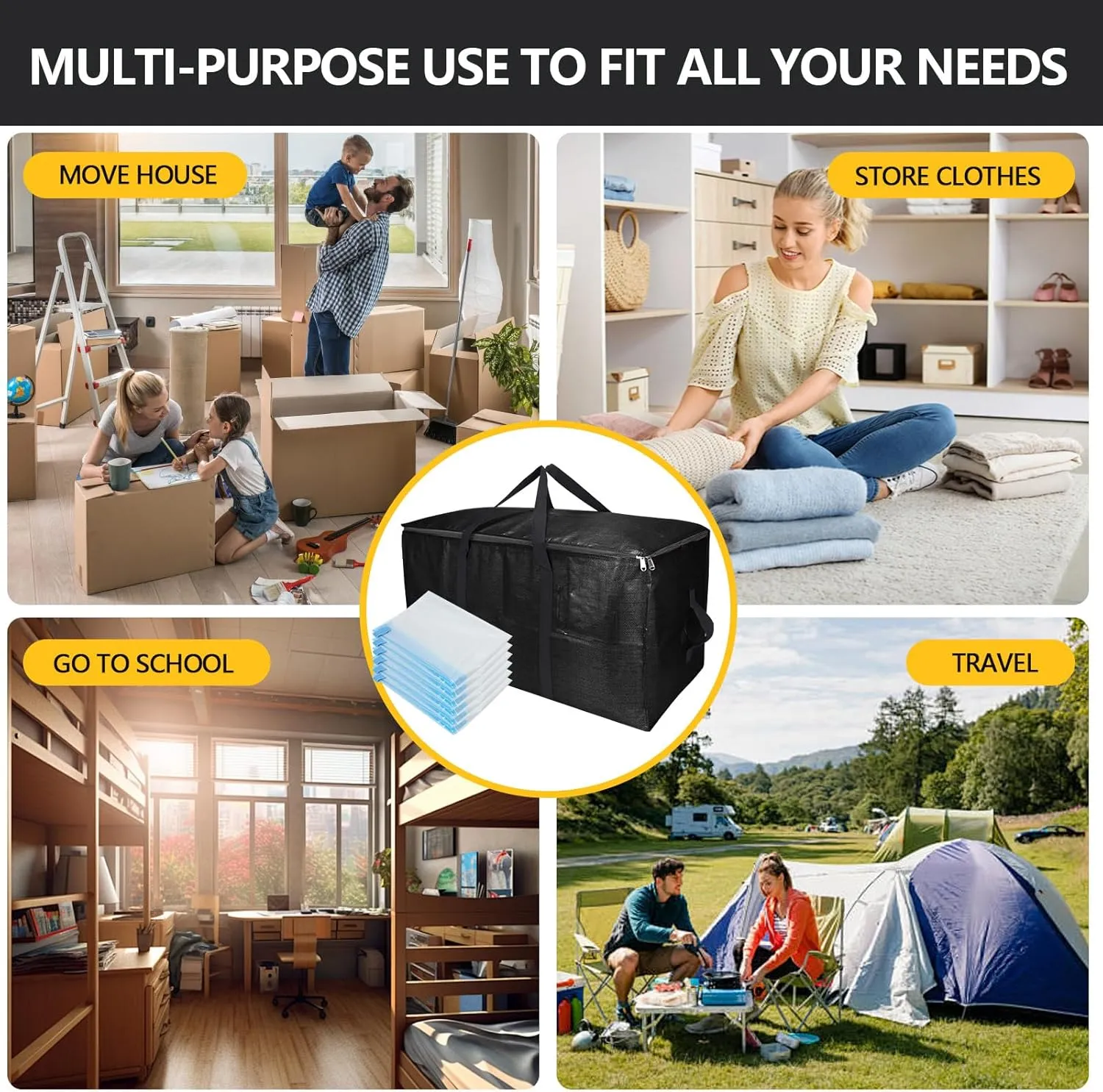 Extra Large Storage Bags Set Heavy Duty Moving Totes, Waterproof Dual-Way Carrying Design with Handles & Zippers for Effortless Moving, (Black, 16 Park-6 Moving bag & 10 Vacuum Seal Bags)