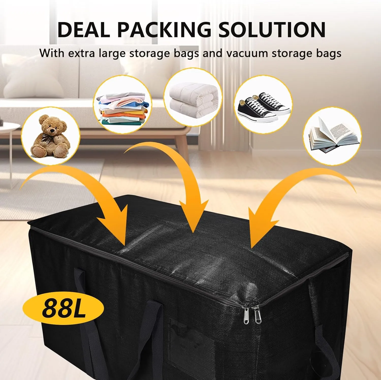 Extra Large Storage Bags Set Heavy Duty Moving Totes, Waterproof Dual-Way Carrying Design with Handles & Zippers for Effortless Moving, (Black, 16 Park-6 Moving bag & 10 Vacuum Seal Bags)
