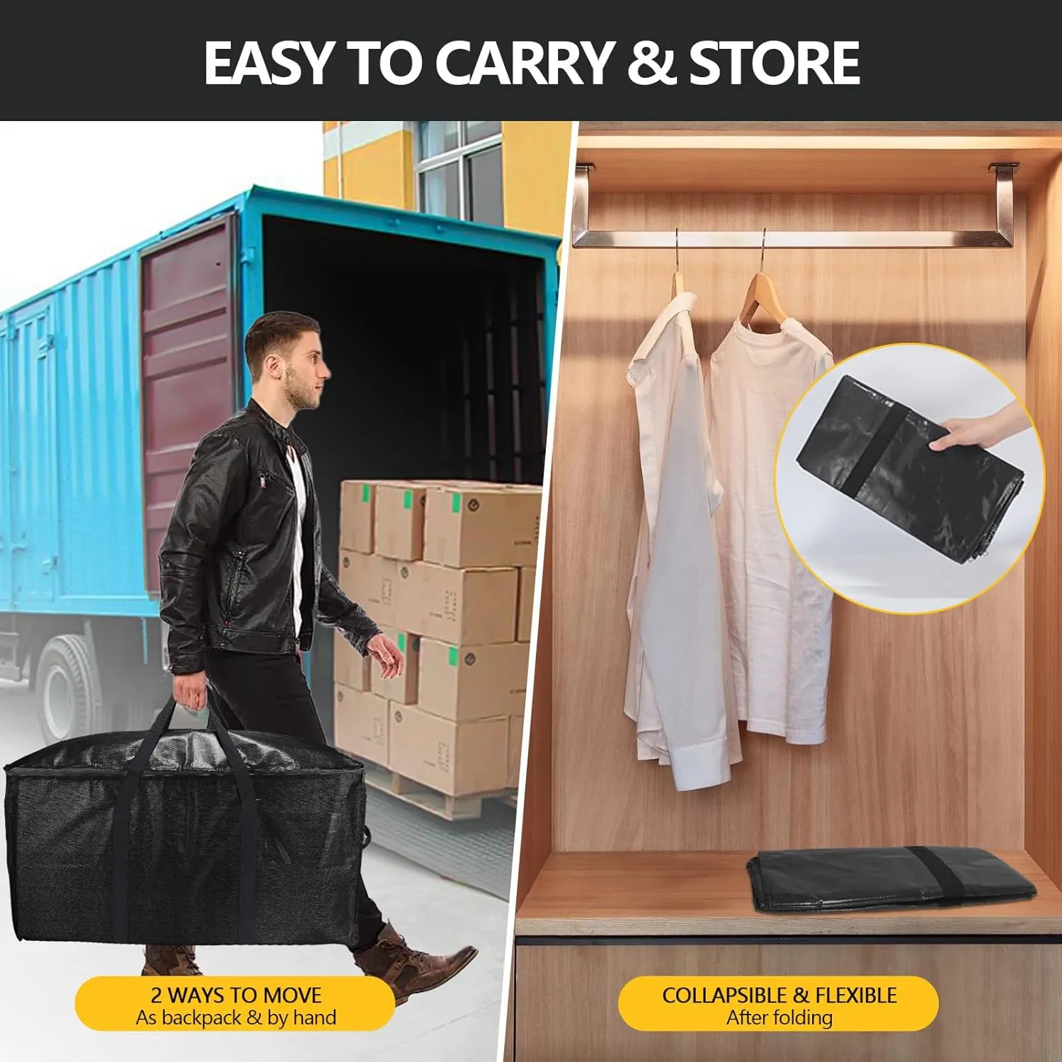 Extra Large Storage Bags Set Heavy Duty Moving Totes, Waterproof Dual-Way Carrying Design with Handles & Zippers for Effortless Moving, (Black, 16 Park-6 Moving bag & 10 Vacuum Seal Bags)