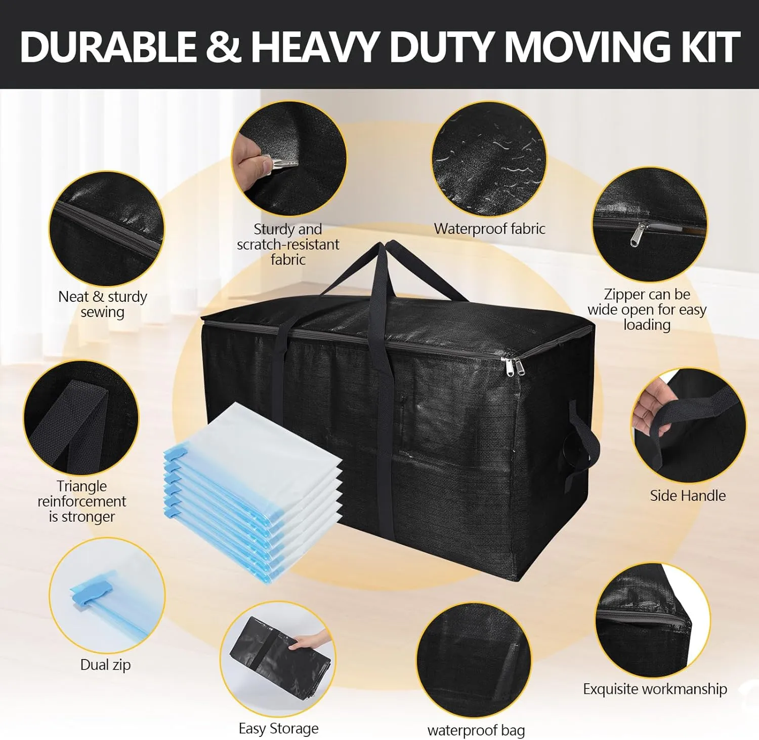 Extra Large Storage Bags Set Heavy Duty Moving Totes, Waterproof Dual-Way Carrying Design with Handles & Zippers for Effortless Moving, (Black, 16 Park-6 Moving bag & 10 Vacuum Seal Bags)
