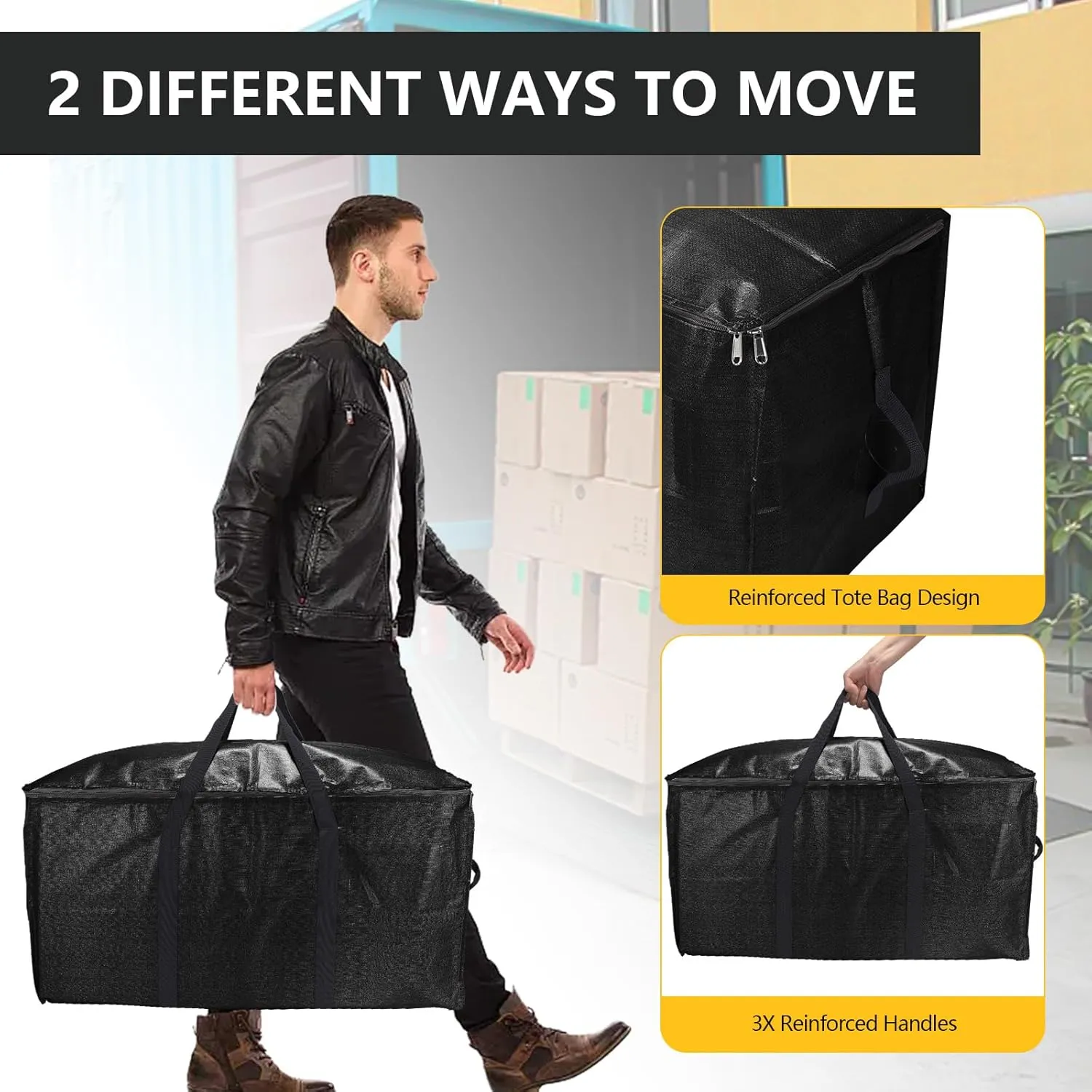 Extra Large Storage Bags Set Heavy Duty Moving Totes, Waterproof Dual-Way Carrying Design with Handles & Zippers for Effortless Moving, (Black, 16 Park-6 Moving bag & 10 Vacuum Seal Bags)