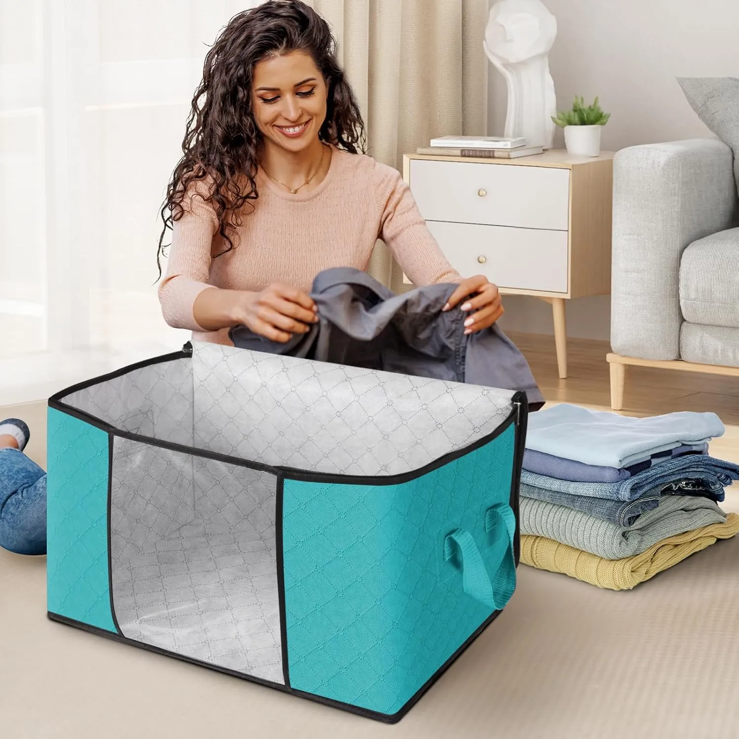 Fab totes 4 Pack Clothes Storage, Foldable Thick Fabric Blanket Storage Bags, Containers for Organizing Bedroom, Closet, Clothing, Comforter,Closet Organization with Handle,Green