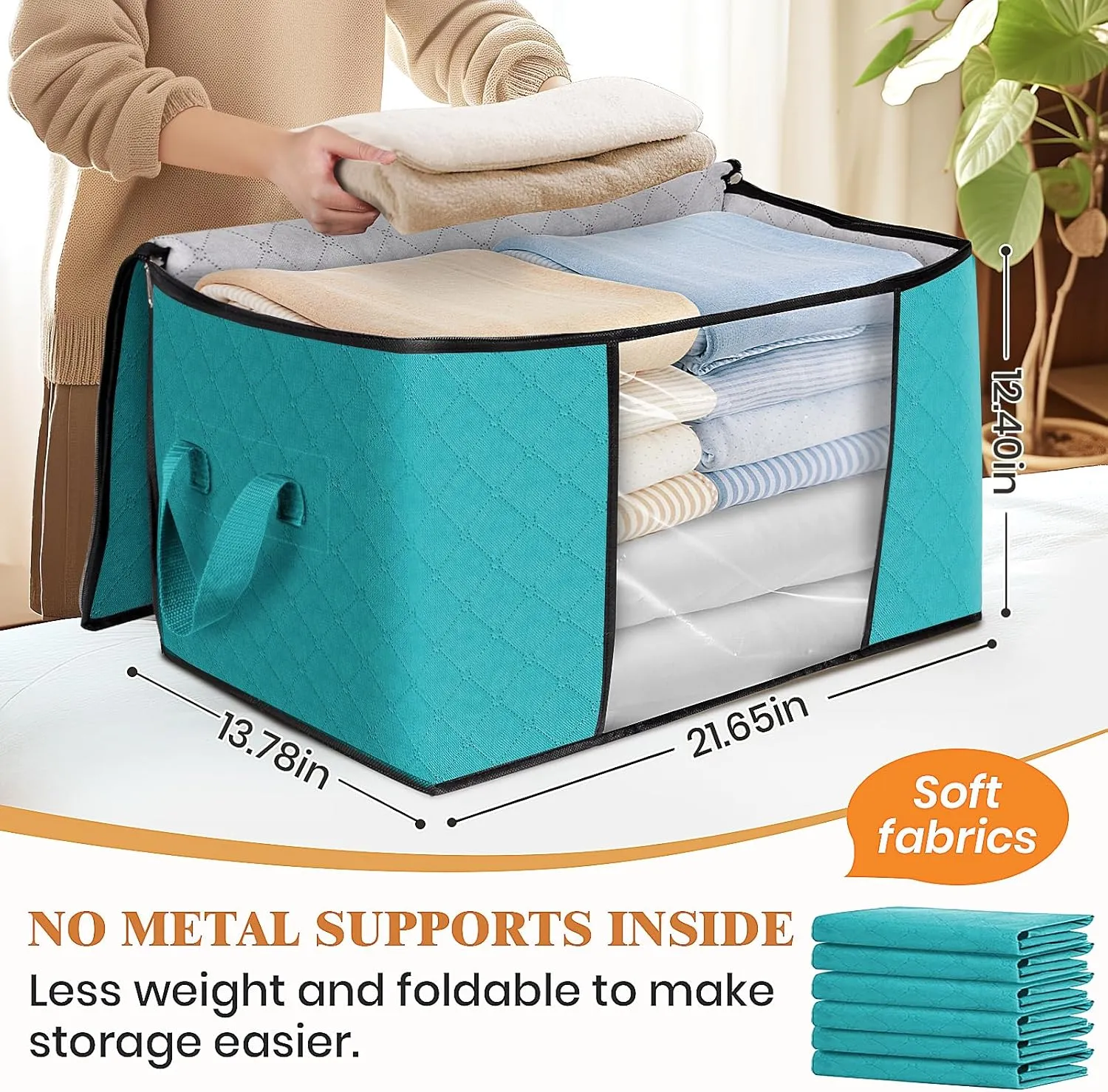 Fab totes 4 Pack Clothes Storage, Foldable Thick Fabric Blanket Storage Bags, Containers for Organizing Bedroom, Closet, Clothing, Comforter,Closet Organization with Handle,Green