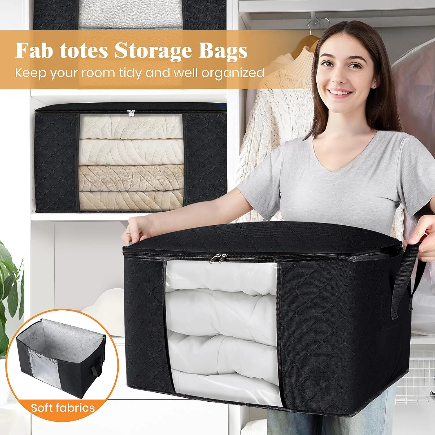 Fab totes 8 Pack Clothes Storage, Foldable Thick Fabric Blanket Storage Bags, Containers for Organizing Bedroom, Closet, Clothing, Comforter,Closet Organization with Handle,Black