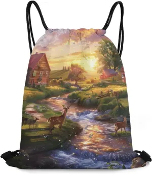 Farmhouse Barn Deer Drawstring Backpack Durable String Bag Sports Sackpack Cinch Bags for Gym Travel