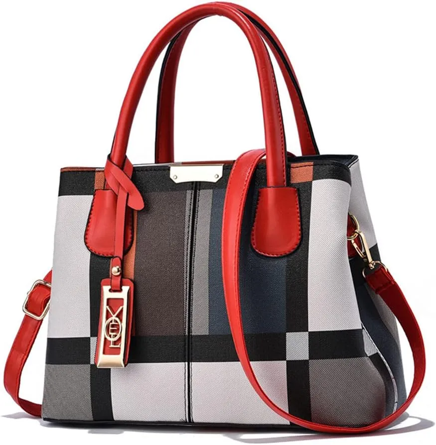 Fashion Plaid Satchel Handbag for Women - Large Top Handle Purse & Crossbody Bag with Zipper Closure