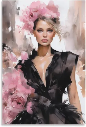 Fashion Young Woman Wall Art For Girl Bedroom Decor Handbag Shopping Funky Poster Luxury Aesthetic Painting Trendy Picture (01- watercolor model flower,16x24inch-Unframe)