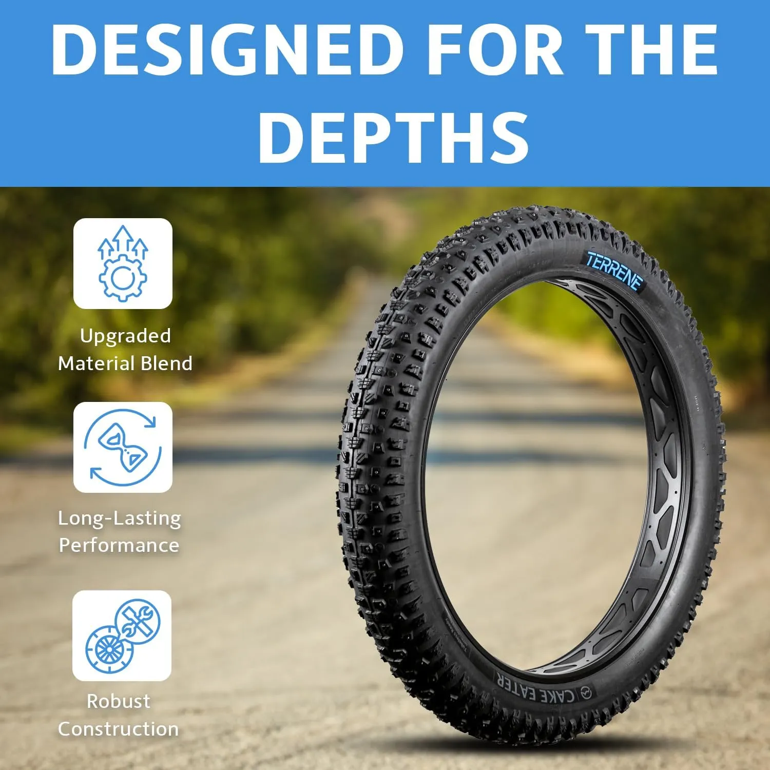 Fat Bike Tire by Terrene - Cake Eater Tubeless, Stud Capable, Fast Rolling Fat Tire - All Season Bike Accessories for Fat Tire and E-Bikes