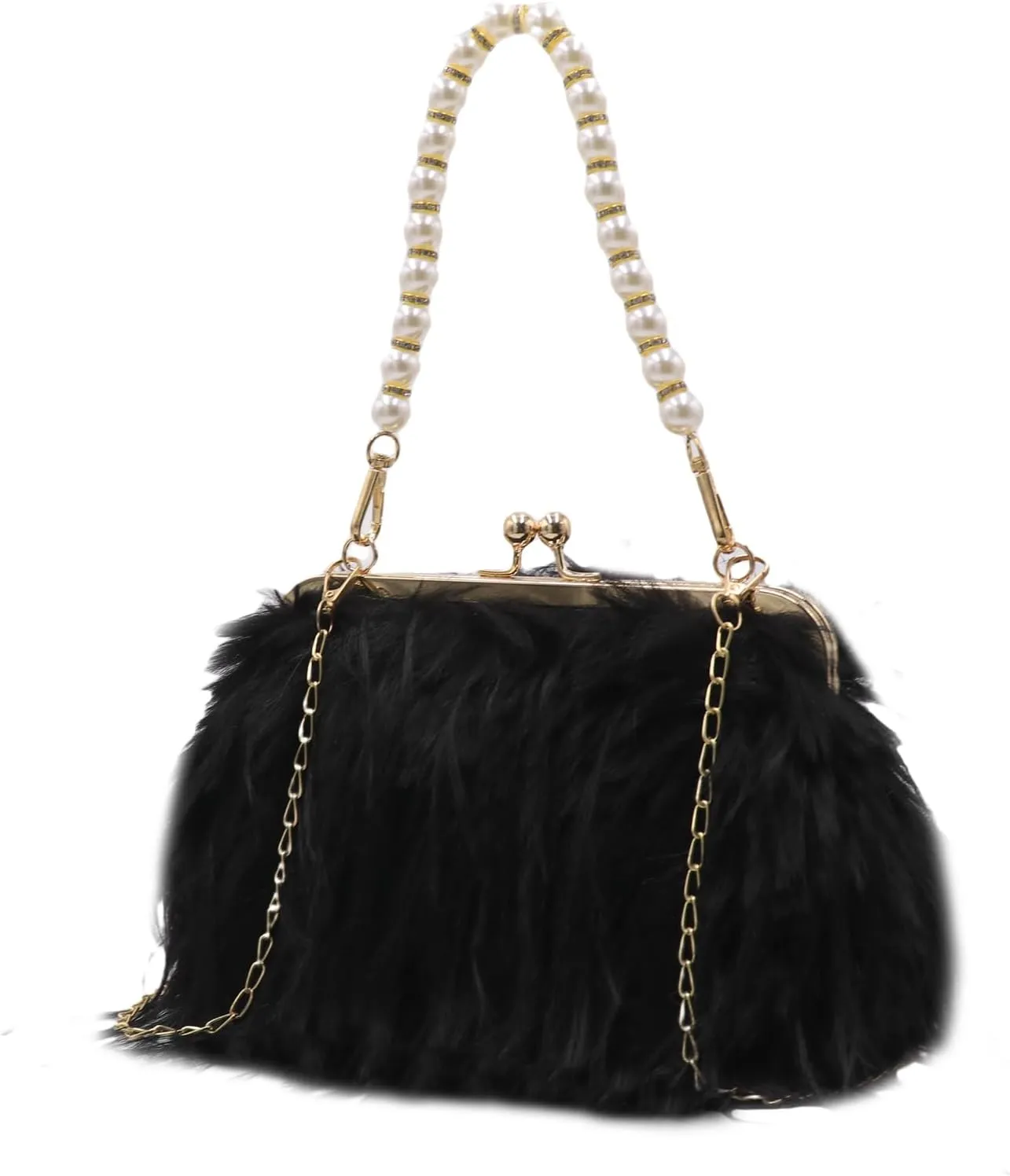 Faux Fur Crossbody Handbag for Women Fluffy Evening Handbag with Pearl Handle Furry Tote Bag Ladies Evening Clutch
