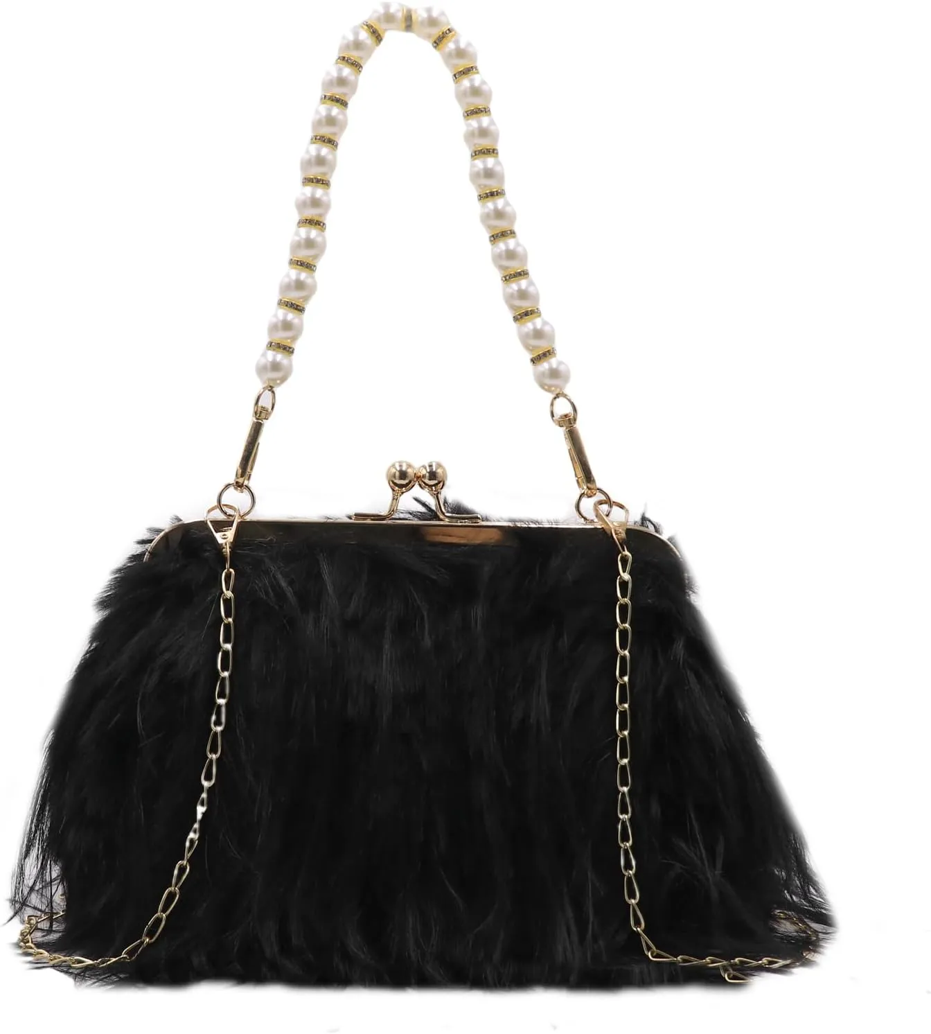 Faux Fur Crossbody Handbag for Women Fluffy Evening Handbag with Pearl Handle Furry Tote Bag Ladies Evening Clutch