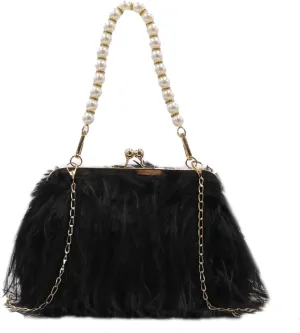 Faux Fur Crossbody Handbag for Women Fluffy Evening Handbag with Pearl Handle Furry Tote Bag Ladies Evening Clutch