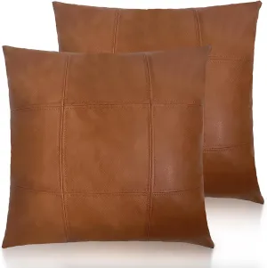 Faux Leather Throw Pillow Cover 18X18 Inch Set of 2 Brown Outdoor Modern Farmhouse Solid Decorative Pillow Covers for Room Couch Living Bedroom Bed Sofa