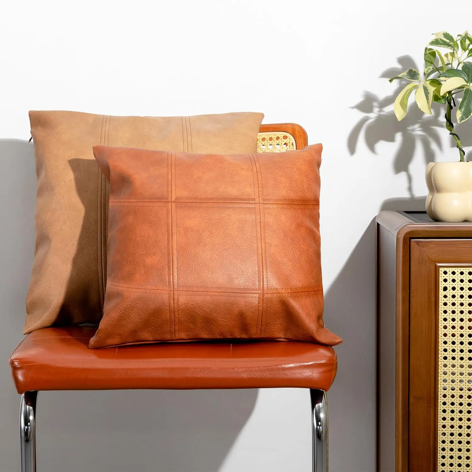 Faux Leather Throw Pillow Cover 18X18 Inch Set of 2 Brown Outdoor Modern Farmhouse Solid Decorative Pillow Covers for Room Couch Living Bedroom Bed Sofa