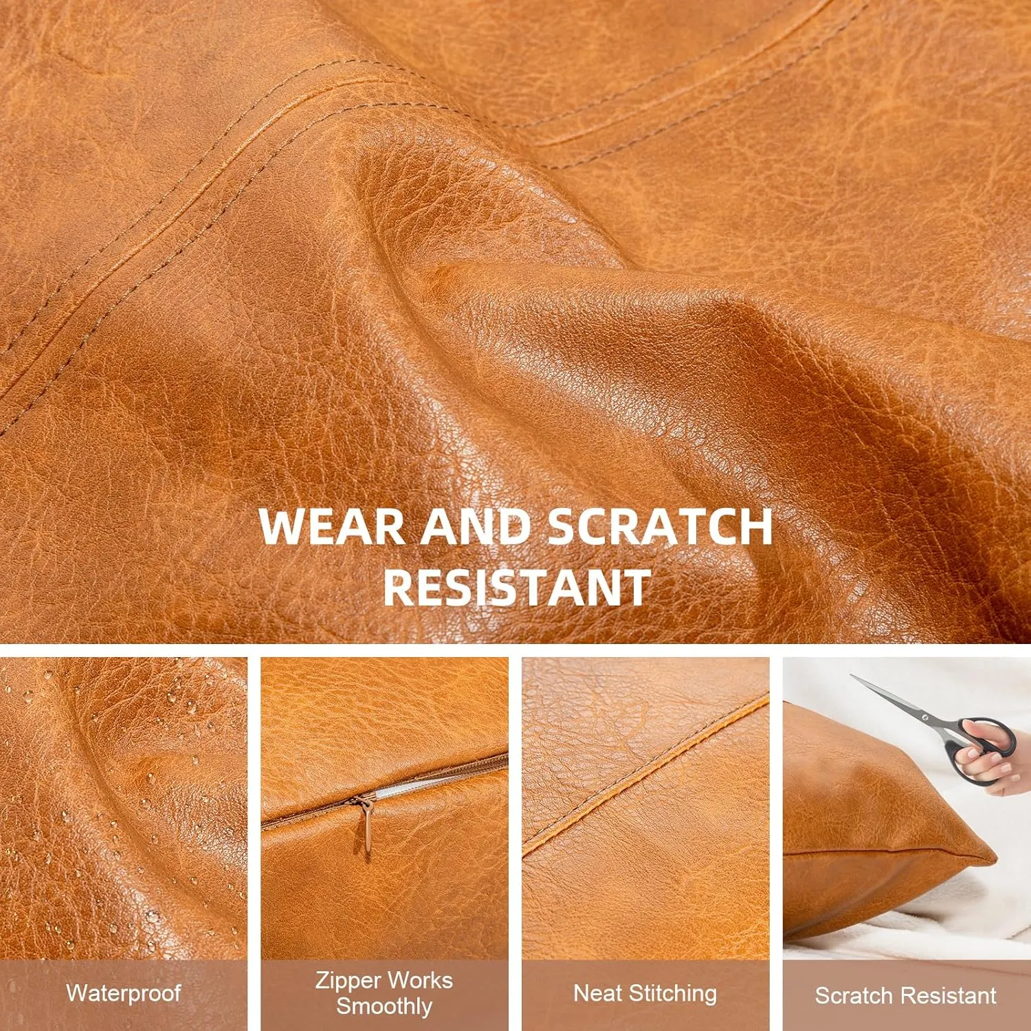 Faux Leather Throw Pillow Cover 18X18 Inch Set of 2 Brown Outdoor Modern Farmhouse Solid Decorative Pillow Covers for Room Couch Living Bedroom Bed Sofa