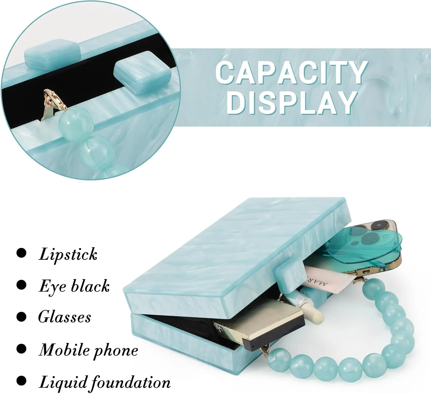 Fecialy Women Acrylic Clutch Purse Beads Evening Handbag Marble Clutch Formal Party Bridal Wedding Crossbody Bag