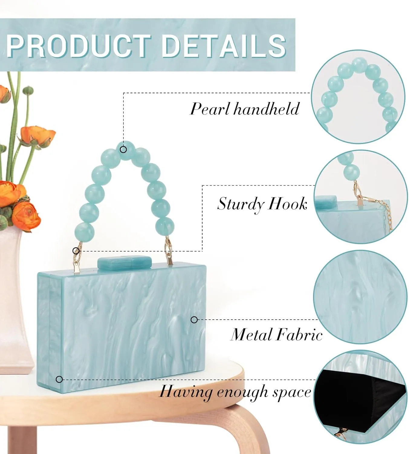 Fecialy Women Acrylic Clutch Purse Beads Evening Handbag Marble Clutch Formal Party Bridal Wedding Crossbody Bag