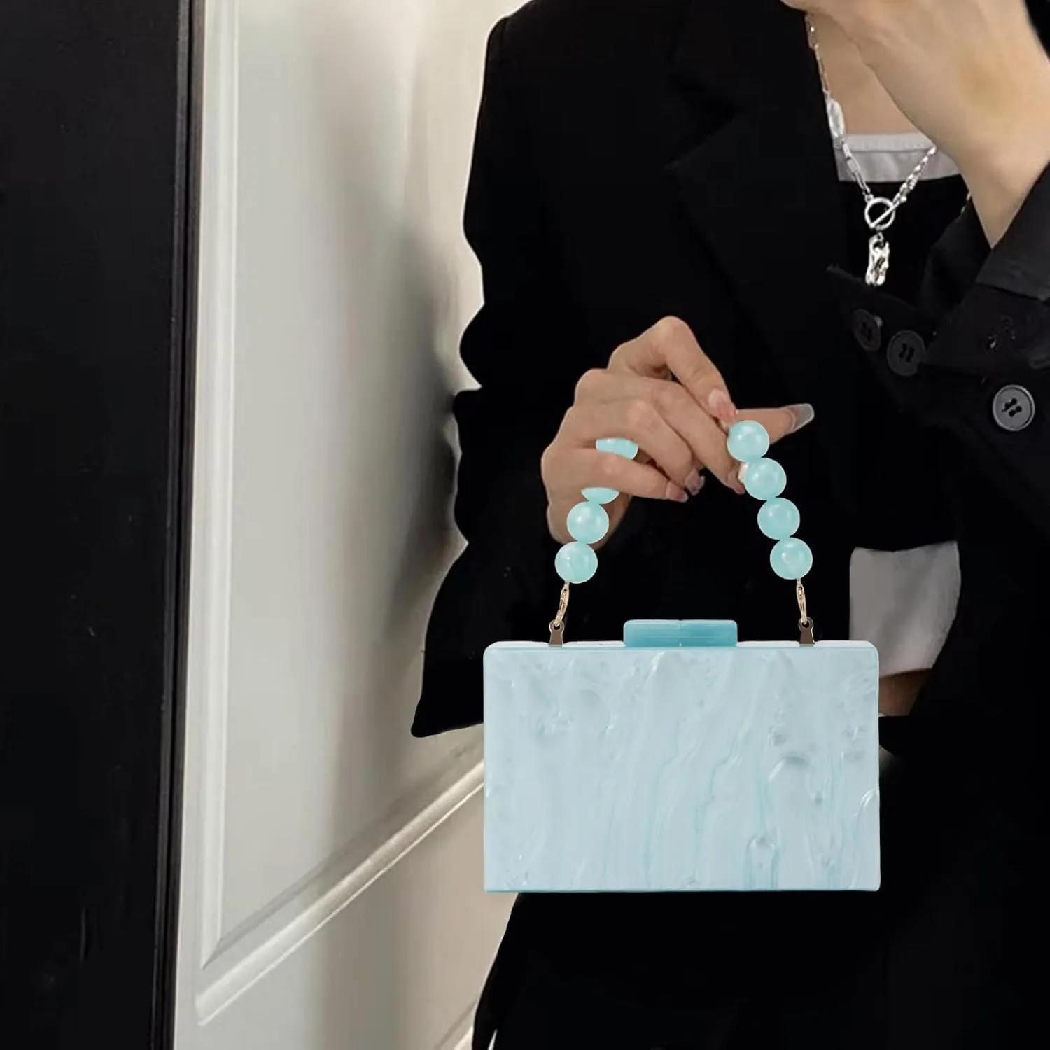 Fecialy Women Acrylic Clutch Purse Beads Evening Handbag Marble Clutch Formal Party Bridal Wedding Crossbody Bag