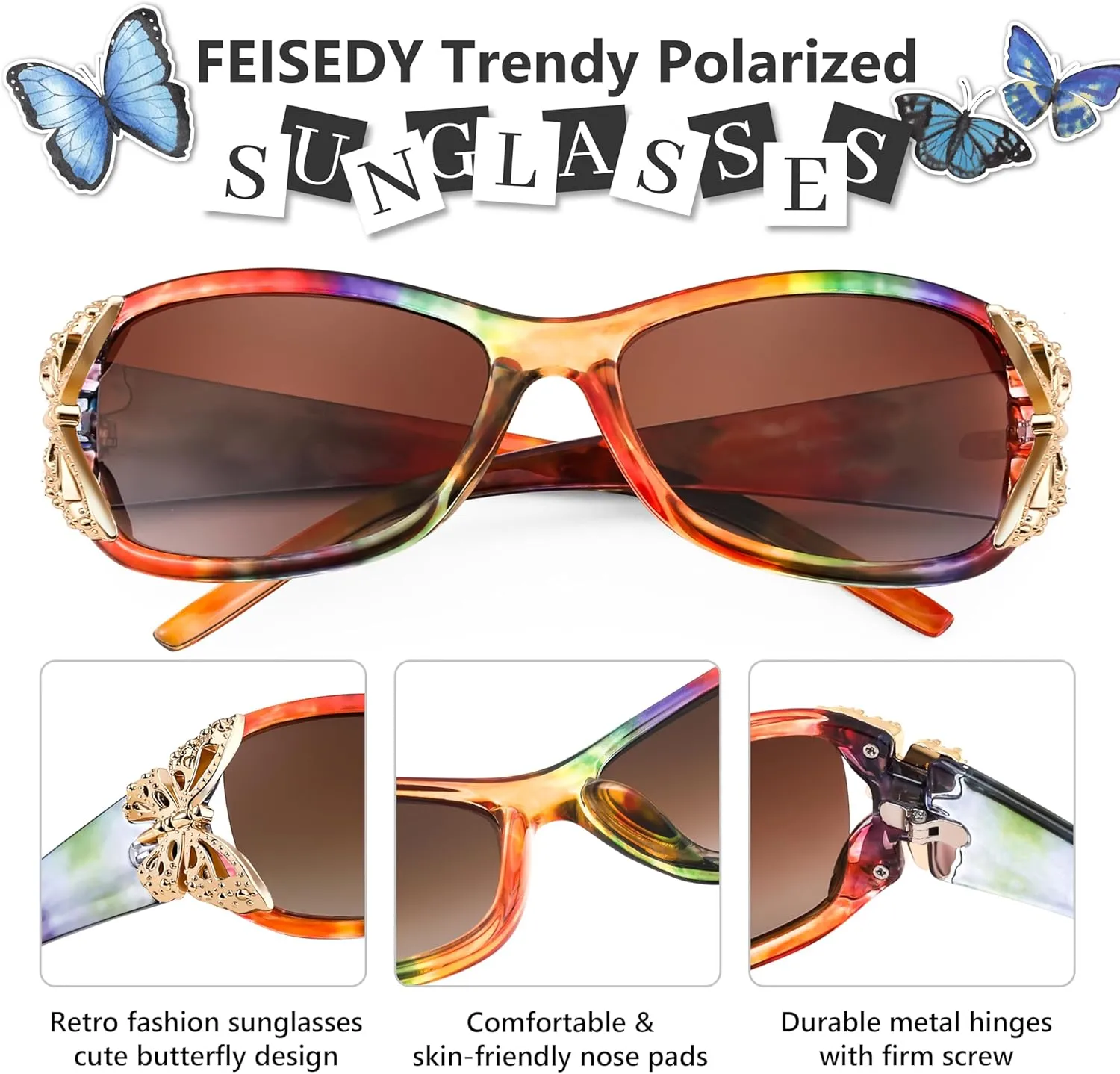 FEISEDY Trendy Polarized Y2K Sunglasses Wrap Around Butterfly Design Fashion Sunnies UV400 Protection B0078