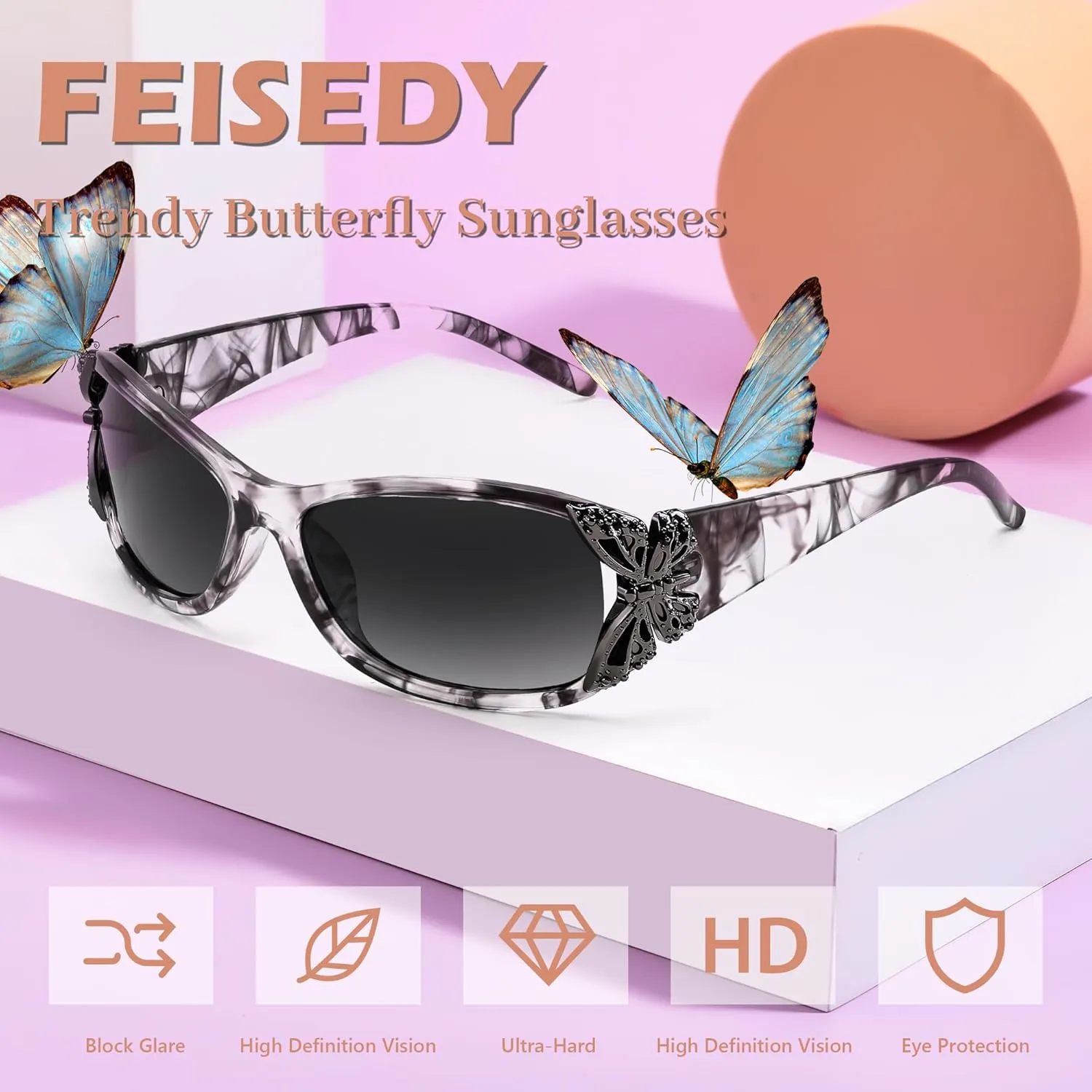 FEISEDY Trendy Polarized Y2K Sunglasses Wrap Around Butterfly Design Fashion Sunnies UV400 Protection B0078