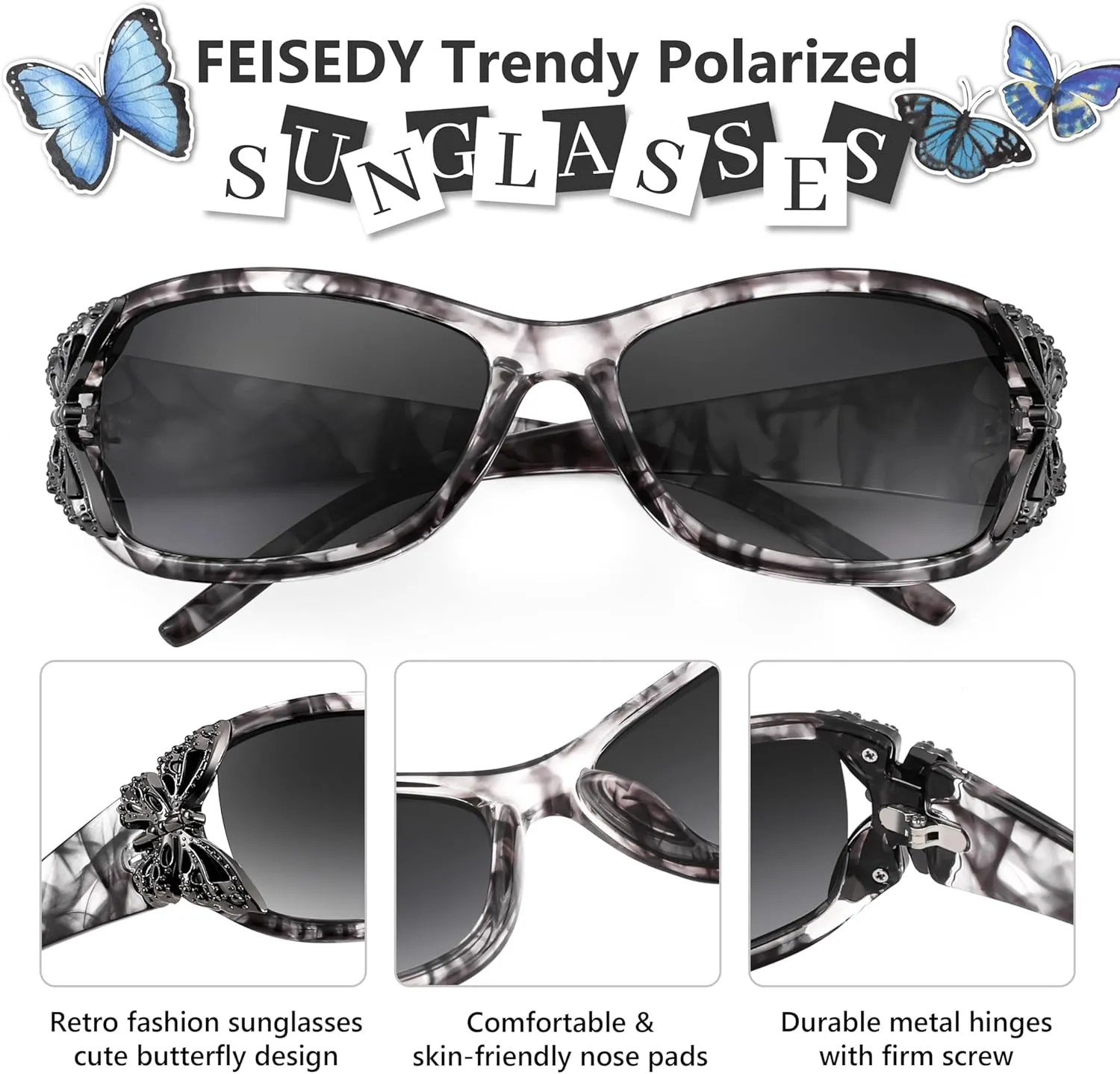 FEISEDY Trendy Polarized Y2K Sunglasses Wrap Around Butterfly Design Fashion Sunnies UV400 Protection B0078