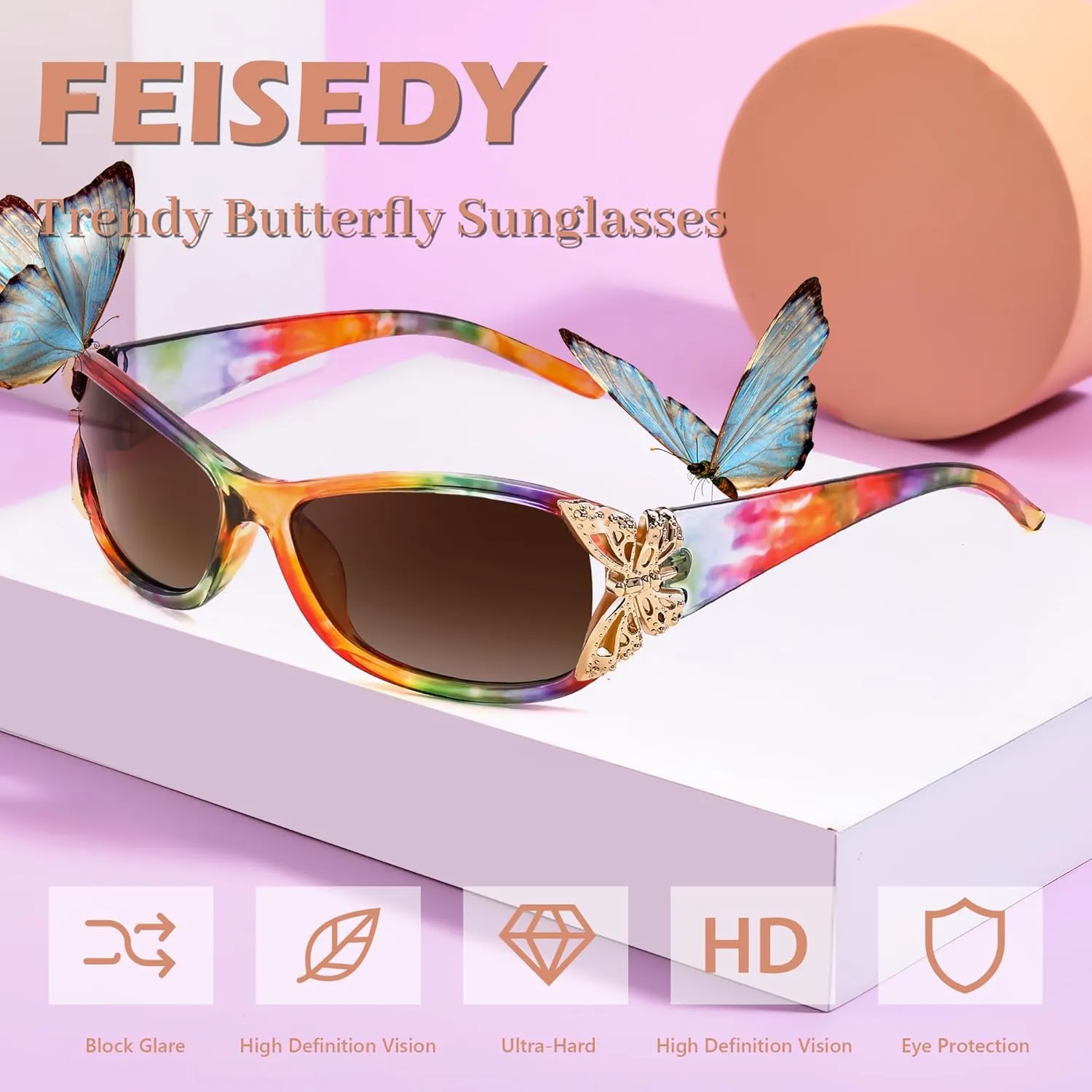 FEISEDY Trendy Polarized Y2K Sunglasses Wrap Around Butterfly Design Fashion Sunnies UV400 Protection B0078