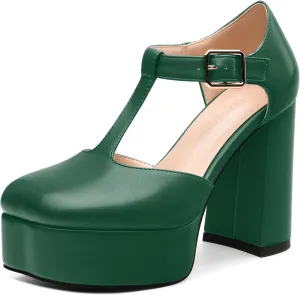 FEMSTEP Women's T-Strap Mary Jane Heels Platform High Block Chunky Square Toe Pumps Party Shopping Dating Daily Wear Dress Shoes