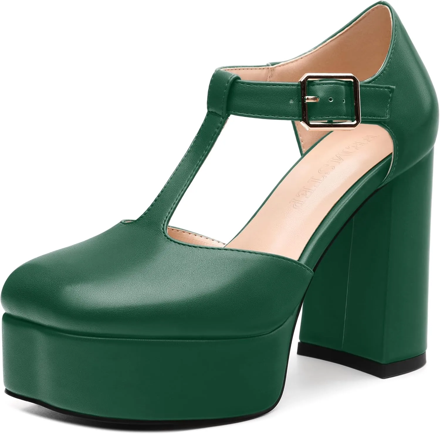 FEMSTEP Women's T-Strap Mary Jane Heels Platform High Block Chunky Square Toe Pumps Party Shopping Dating Daily Wear Dress Shoes