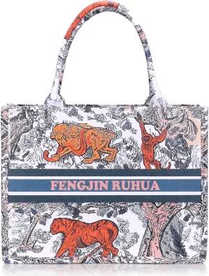 FENGJINRUHUA Women's Fashion Large Luxury Painted Tote Bag Leather Shoulder Bags Capacity Embroidery Retro Exquisite Handbag