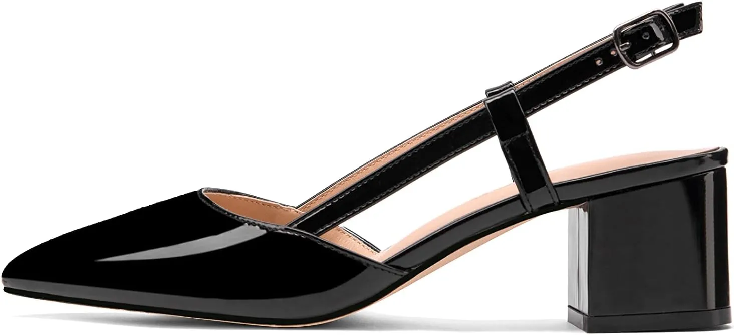 Fericzot Women's Pointed Toe Patent Slingback Ankle Strap Chunky Low Heel Pumps Business Work Dress Shoes 1.5 Inch