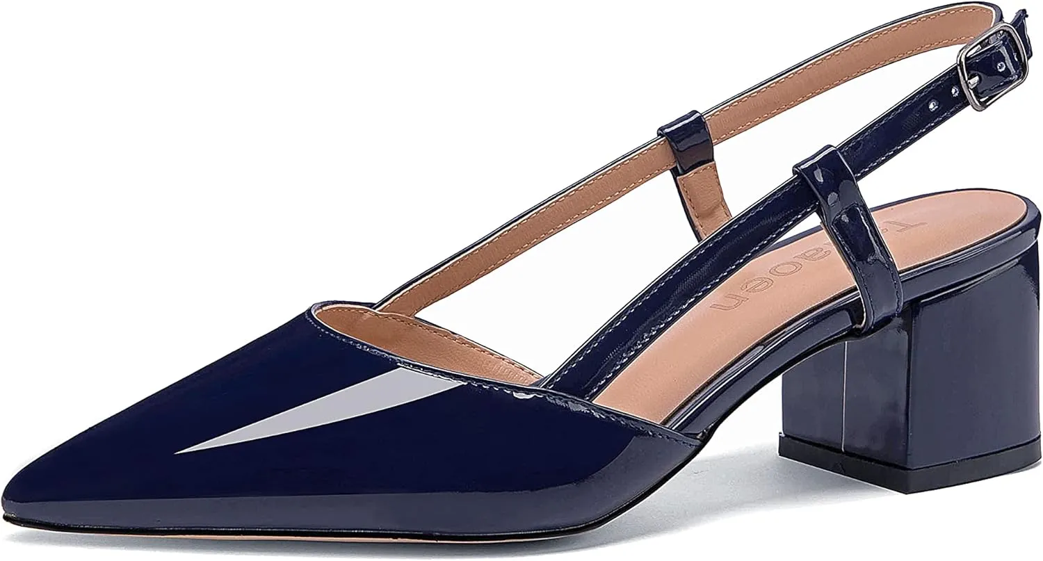 Fericzot Women's Pointed Toe Patent Slingback Ankle Strap Chunky Low Heel Pumps Business Work Dress Shoes 1.5 Inch