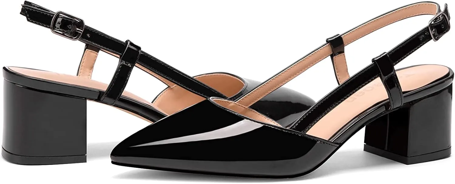 Fericzot Women's Pointed Toe Patent Slingback Ankle Strap Chunky Low Heel Pumps Business Work Dress Shoes 1.5 Inch