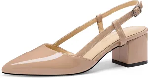 Fericzot Women's Pointed Toe Patent Slingback Ankle Strap Chunky Low Heel Pumps Business Work Dress Shoes 1.5 Inch