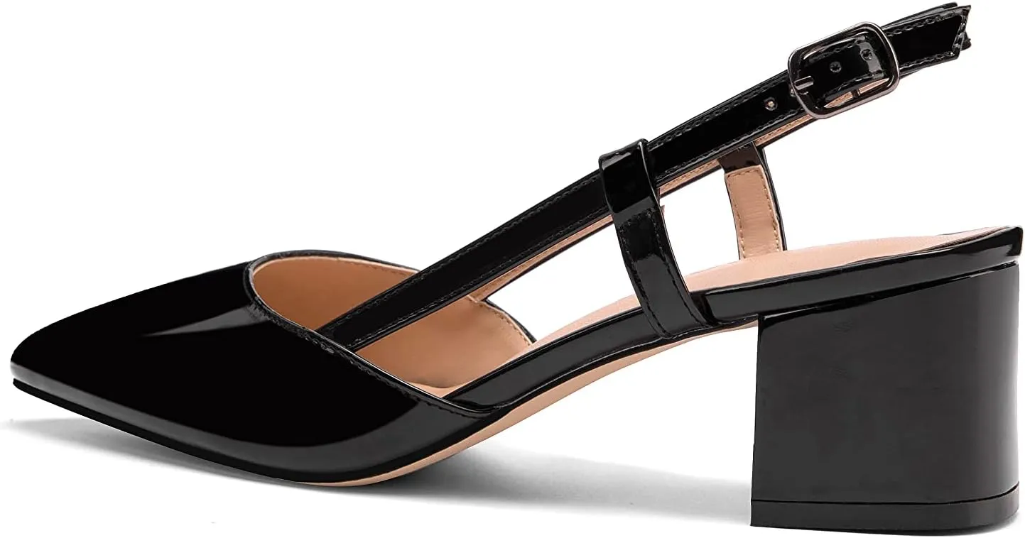 Fericzot Women's Pointed Toe Patent Slingback Ankle Strap Chunky Low Heel Pumps Business Work Dress Shoes 1.5 Inch