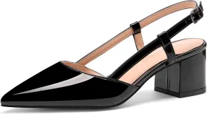 Fericzot Women's Pointed Toe Patent Slingback Ankle Strap Chunky Low Heel Pumps Business Work Dress Shoes 1.5 Inch