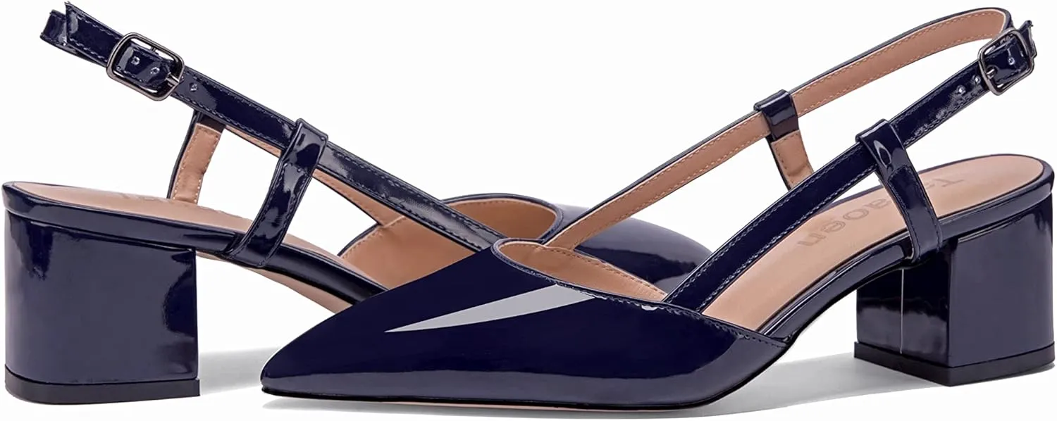Fericzot Women's Pointed Toe Patent Slingback Ankle Strap Chunky Low Heel Pumps Business Work Dress Shoes 1.5 Inch