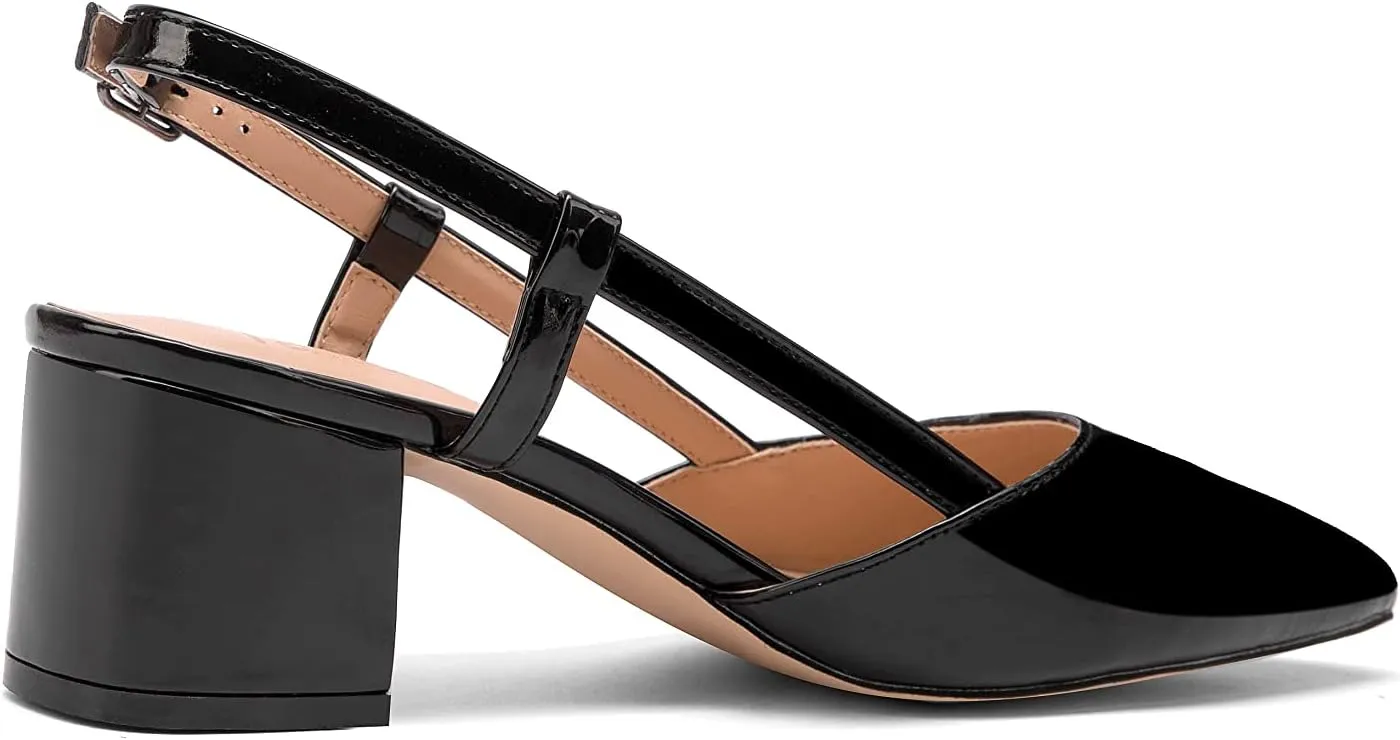 Fericzot Women's Pointed Toe Patent Slingback Ankle Strap Chunky Low Heel Pumps Business Work Dress Shoes 1.5 Inch