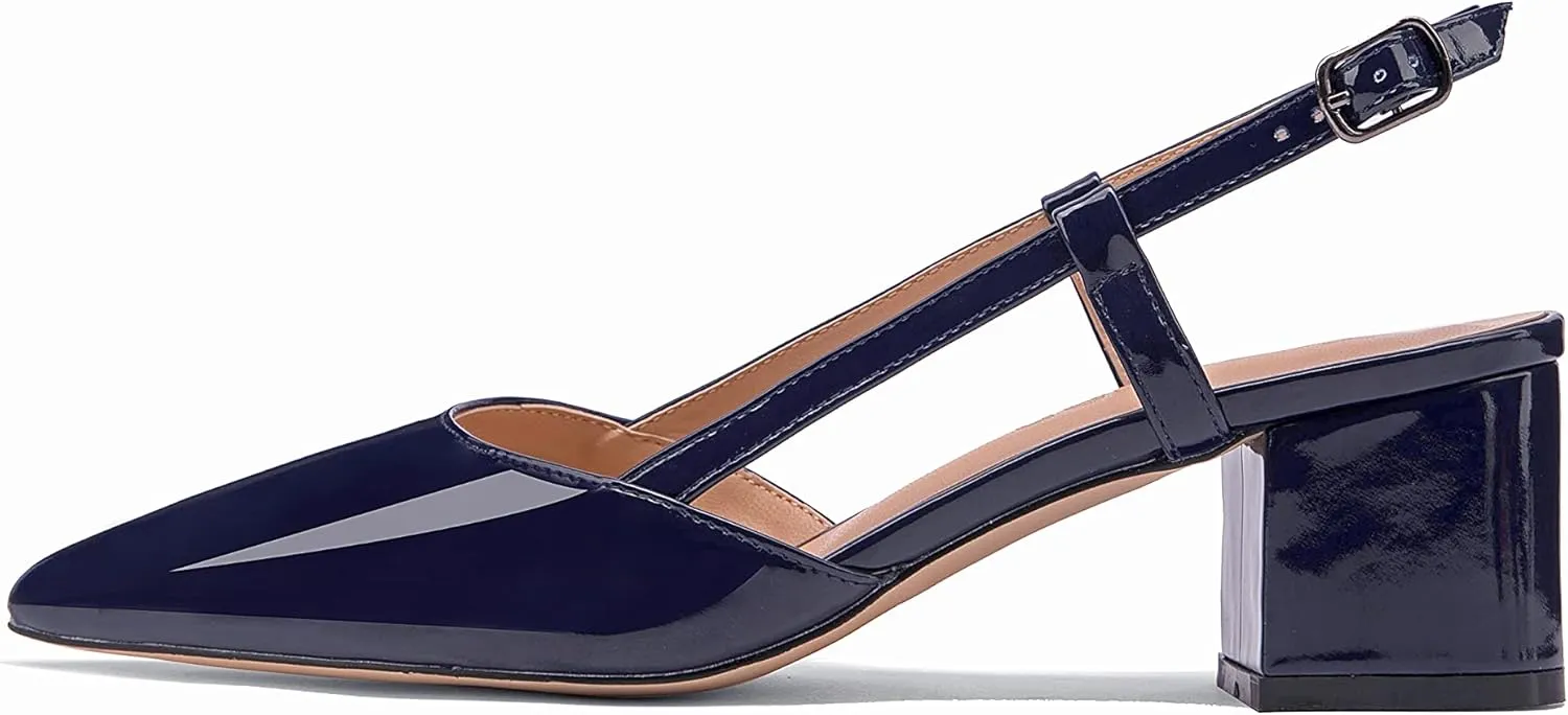 Fericzot Women's Pointed Toe Patent Slingback Ankle Strap Chunky Low Heel Pumps Business Work Dress Shoes 1.5 Inch
