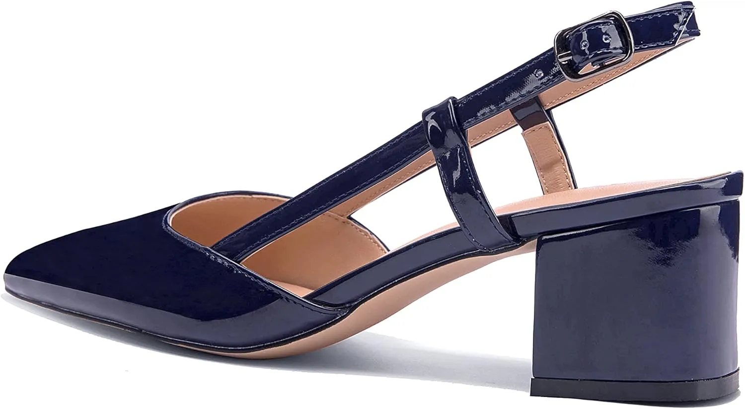 Fericzot Women's Pointed Toe Patent Slingback Ankle Strap Chunky Low Heel Pumps Business Work Dress Shoes 1.5 Inch