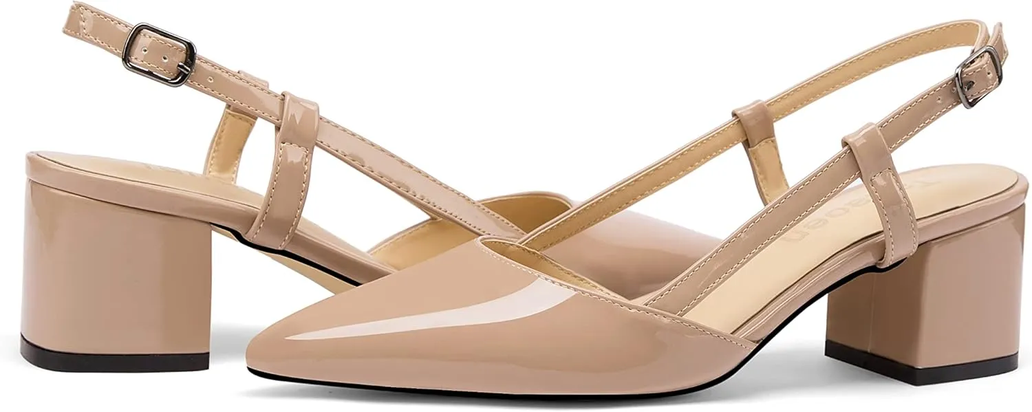 Fericzot Women's Pointed Toe Patent Slingback Ankle Strap Chunky Low Heel Pumps Business Work Dress Shoes 1.5 Inch
