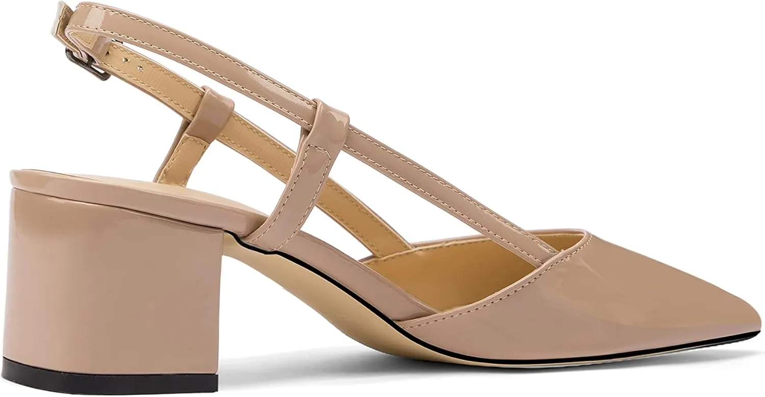 Fericzot Women's Pointed Toe Patent Slingback Ankle Strap Chunky Low Heel Pumps Business Work Dress Shoes 1.5 Inch