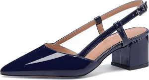 Fericzot Women's Pointed Toe Patent Slingback Ankle Strap Chunky Low Heel Pumps Business Work Dress Shoes 1.5 Inch