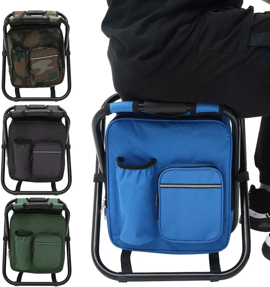 Fishing Chair with Bags, Foldable Camping Chair with Cooler Bag Waterproof Fishing Stool Collapsible Camping Hunting Fishing Chair Storage Bag with Belt for Outdoor (Camouflage)