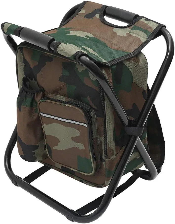 Fishing Chair with Bags, Foldable Camping Chair with Cooler Bag Waterproof Fishing Stool Collapsible Camping Hunting Fishing Chair Storage Bag with Belt for Outdoor (Camouflage)