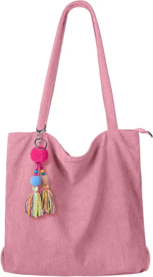 FITDON Corduroy Totes Bag with Zip, Shoulder Bags Handbags Women's Hobos Large Capacity Shopping Bag with Inner Pocket
